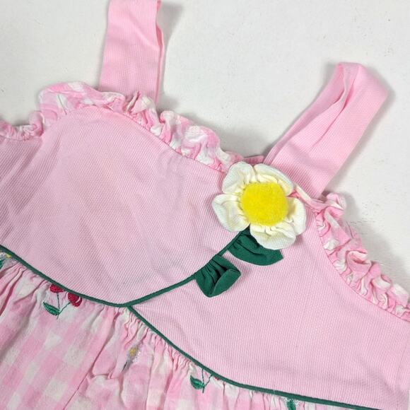 Vtg Dress Girls Sz 2T Pink Plaid Cherry Embroidered Daisy Summer Sundress 90s - Picture 2 of 6